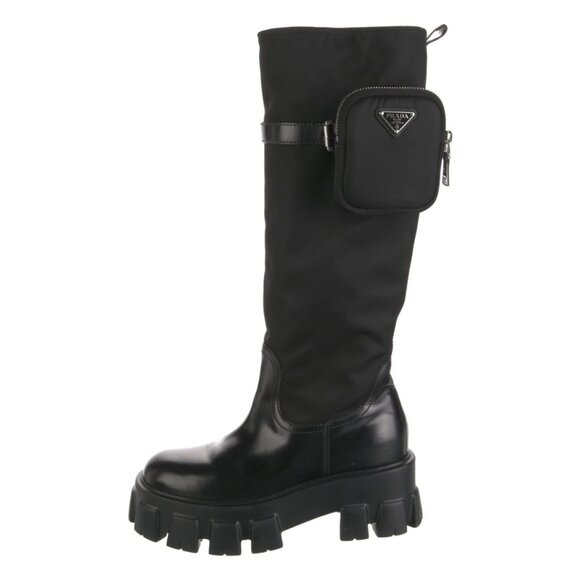 PRADA Monolith Re Nylon Gabardine Knee High Boots With Pouch Size 7 Black Punk - Picture 2 of 9